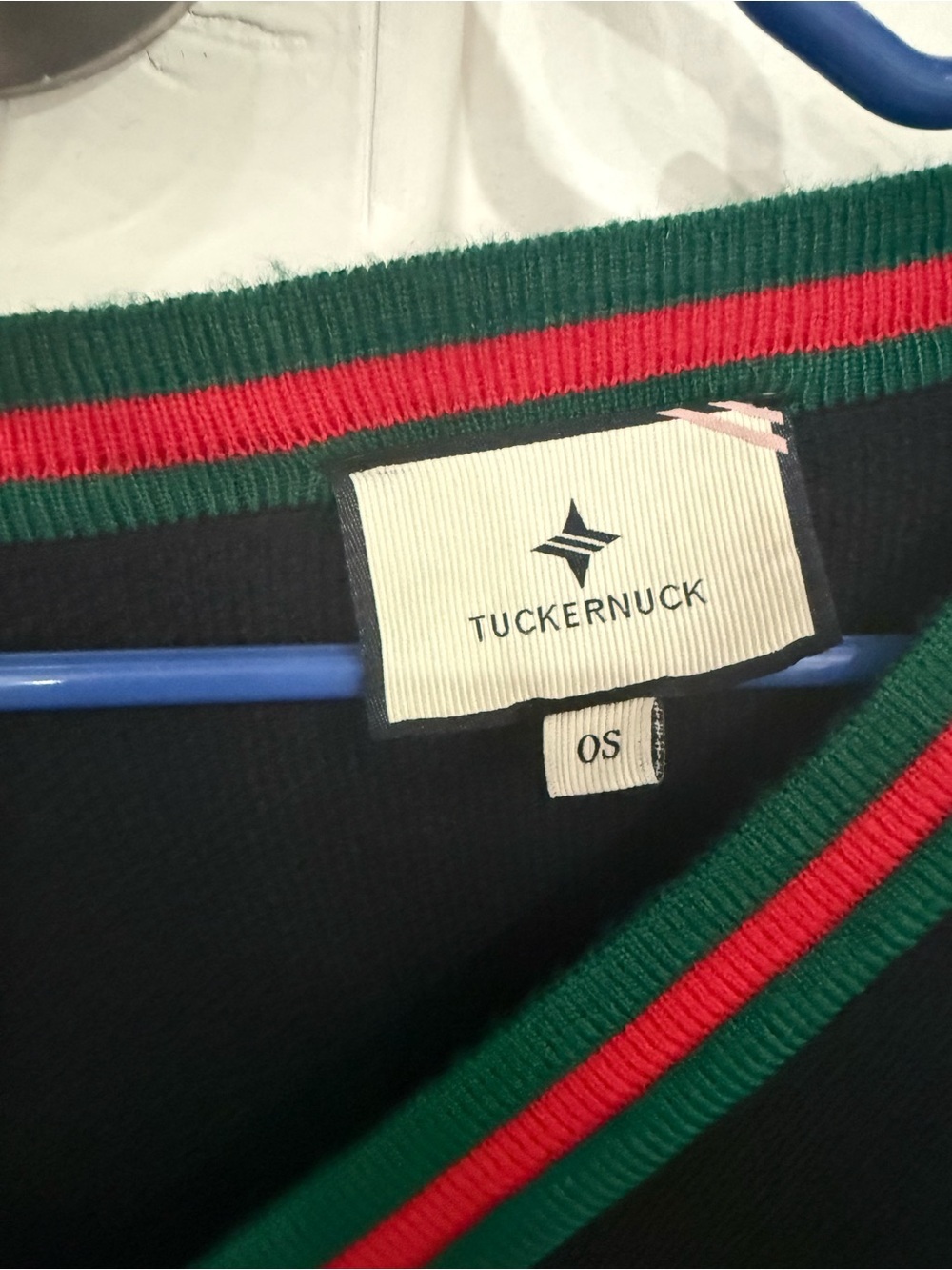 Tuckernuck OS Black V Neck Poncho Sweater Cape Red Green Trim Preppy Acrylic - Picture 3 of 4